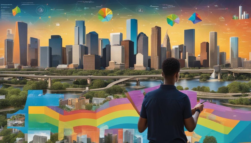 person standing in front of a customized map of Houston, with various housing options marked with different colors and symbols. The person is holding a clipboard with notes and seems excitedly pointing to different areas on the map. In the background, there are various images of Houston's cityscape and landmarks, showcasing the city's diversity and vibrancy. The color palette is warm and inviting, with shades of orange, yellow, and blue to evoke a sense of comfort and possibility