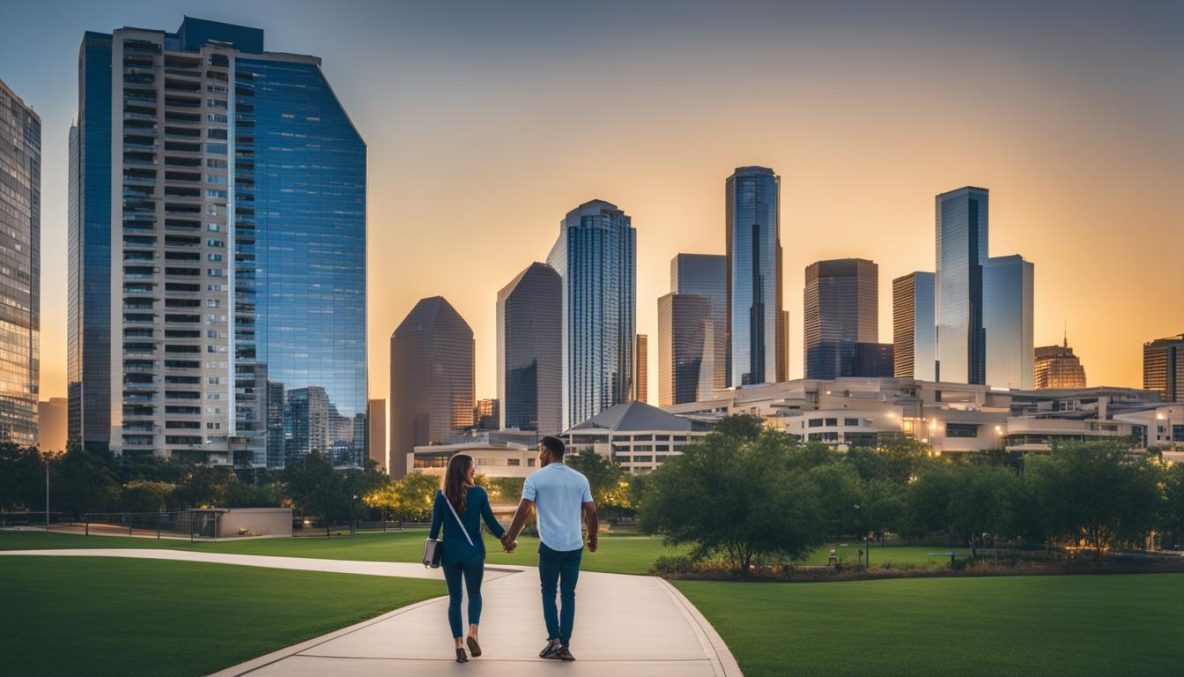 happy couple in front of a Houston skyline, with a dotted line leading to various apartment complexes